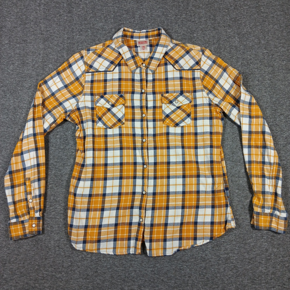 Mossimo Supply Co Shirt Junior XL Yellow Plaid Western Pearl Snap Flannel Cowboy
